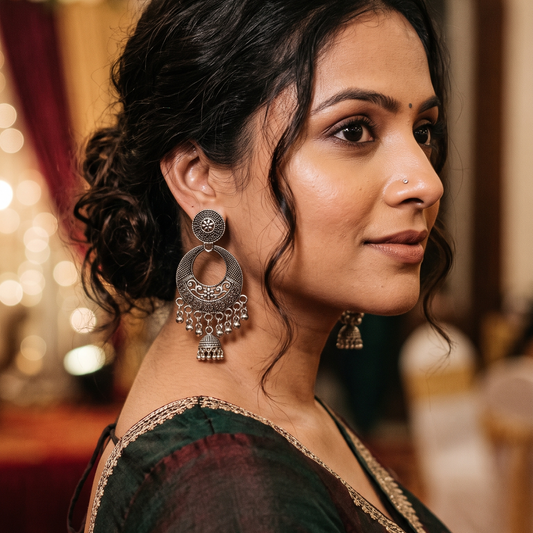 Traditional Oxidised Silver Chandbali Earrings with Floral Design, Jhumka & Ghungroo Drops
