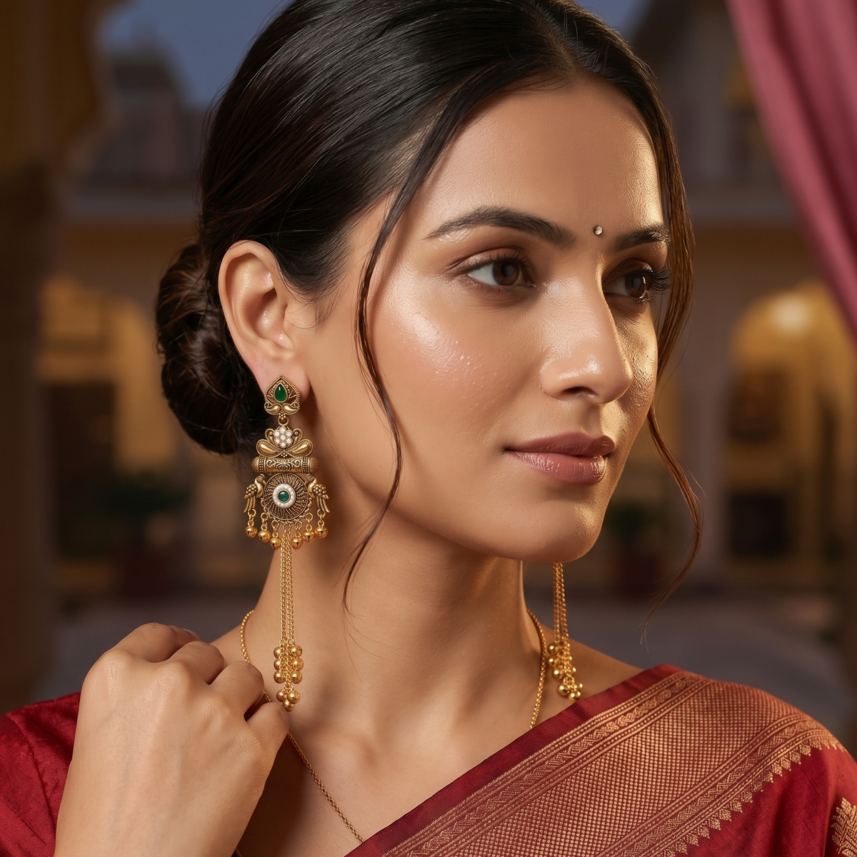 Antique Gold  Stone Tassel Earrings