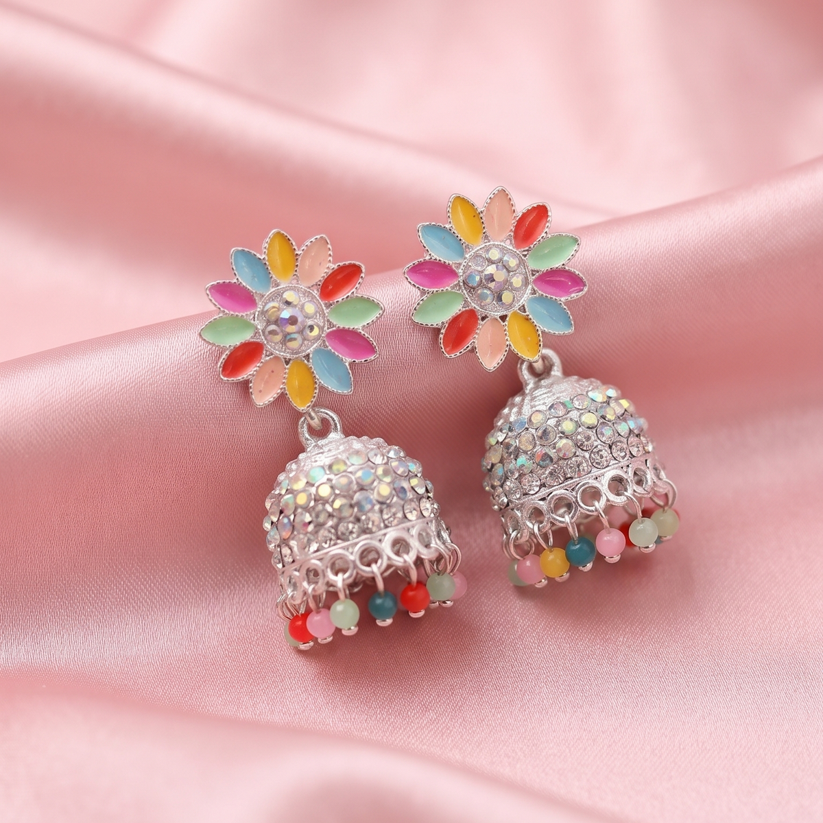 Multicolor Floral Crystal Jhumka Earrings
