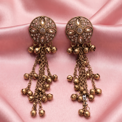 Traditional Gold-Tone Floral Crystal Studded Long Chain Earrings with Ghungroo Charms for Women