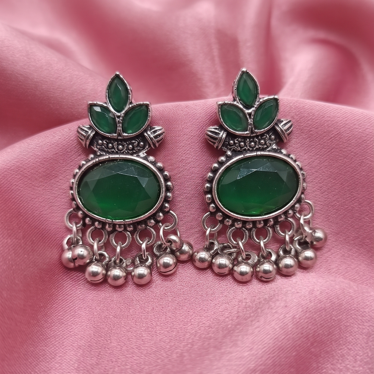 Oxidised Silver Lotus Stone Drop Earrings with Ghungroo Beads