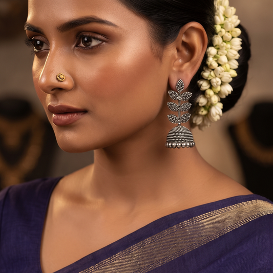 Oxidised Silver Leaf Design Jhumka Earrings for Women