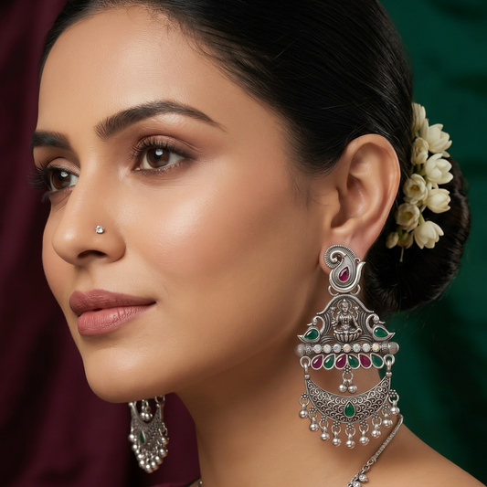 Traditional Oxidised Silver Laxmi Chandbali Jhumka Earrings with Multicolor Stones