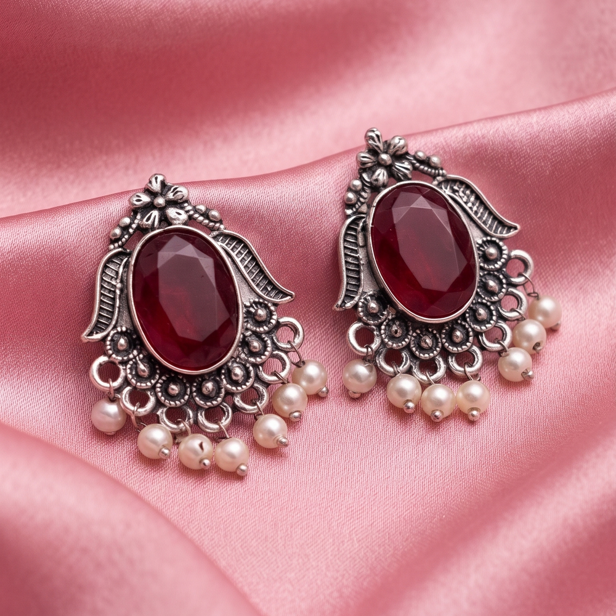 Oxidised Silver Oval Stone Earrings with Pearl Bead Drops