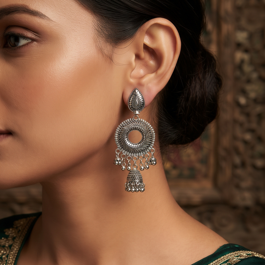 Oxidized Silver Jhumka Earrings for Women – Traditional Ethnic Chandbali Drop Earrings