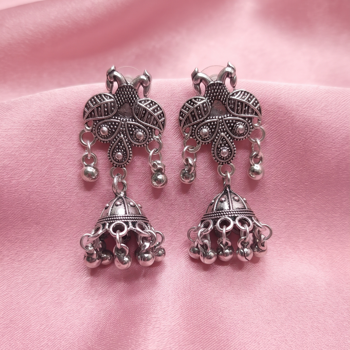 Traditional Oxidised Silver Peacock Design Jhumka Earrings for Women