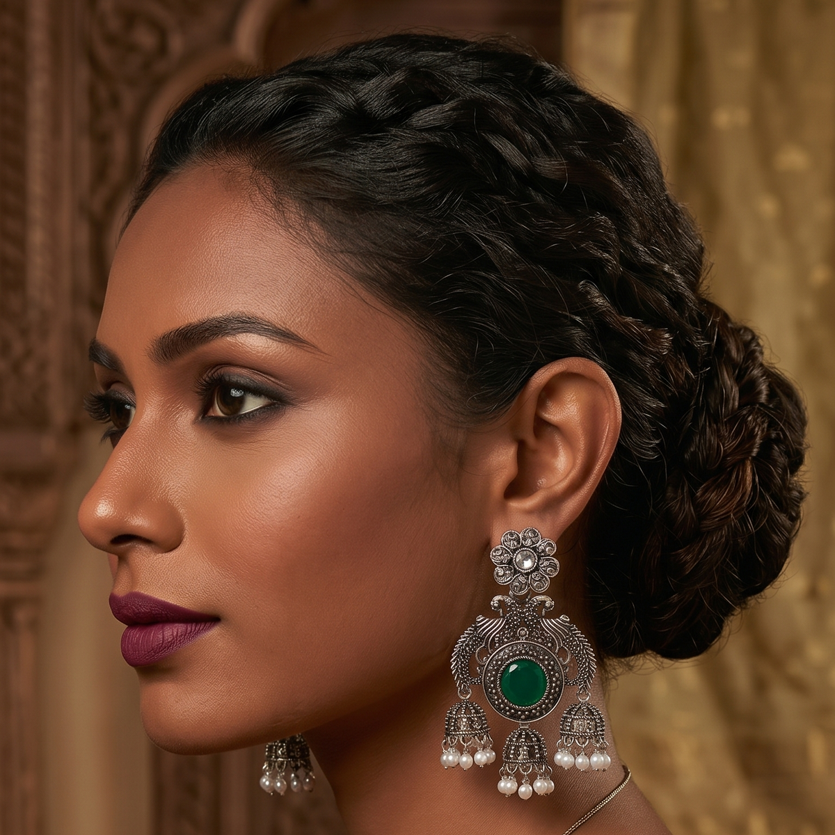 Oxidised Silver Peacock Chandbali Jhumka Earrings with Pearl Drops