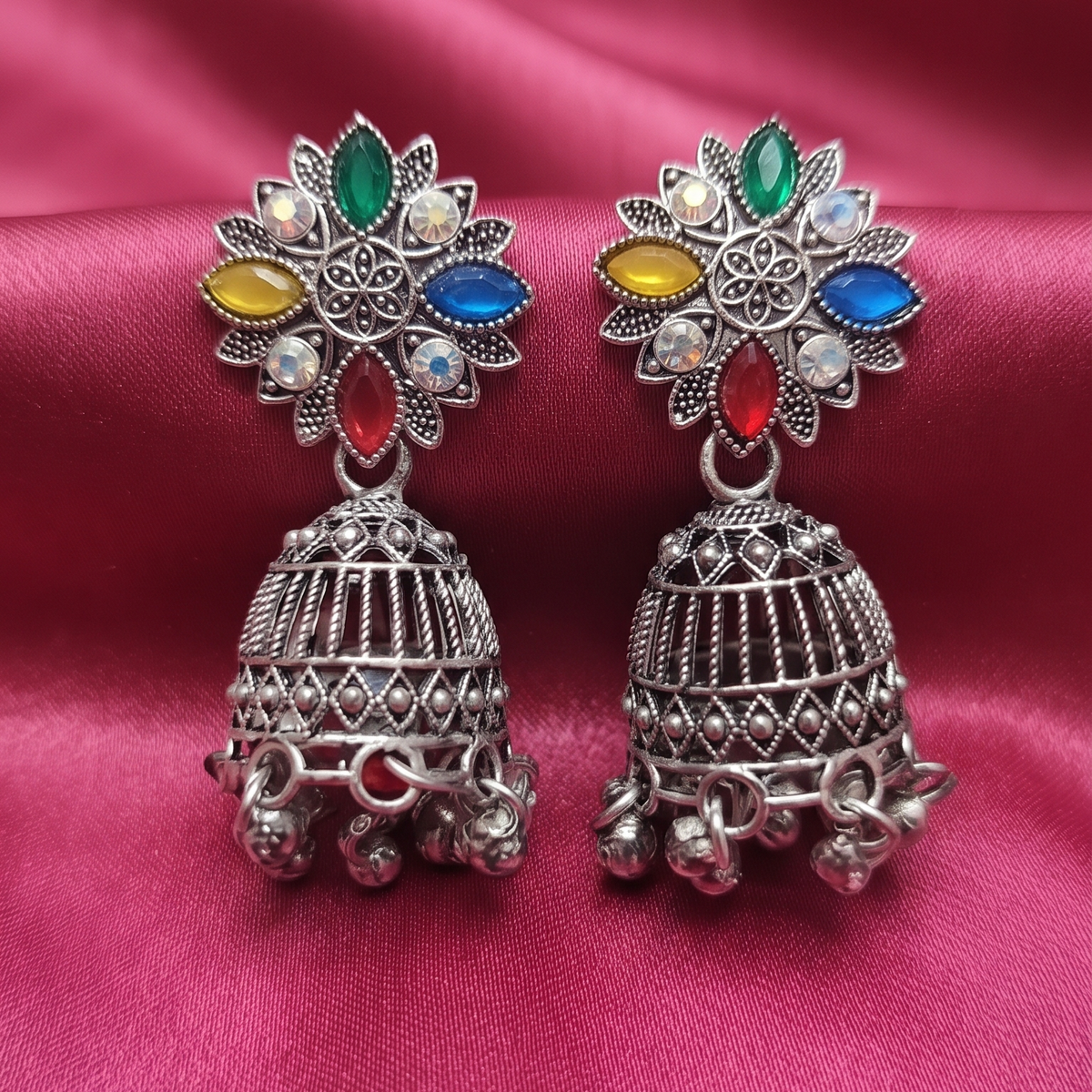 Traditional Oxidised Silver Multicolor Floral Jhumka Earrings with Ghungroo Detailing for Women