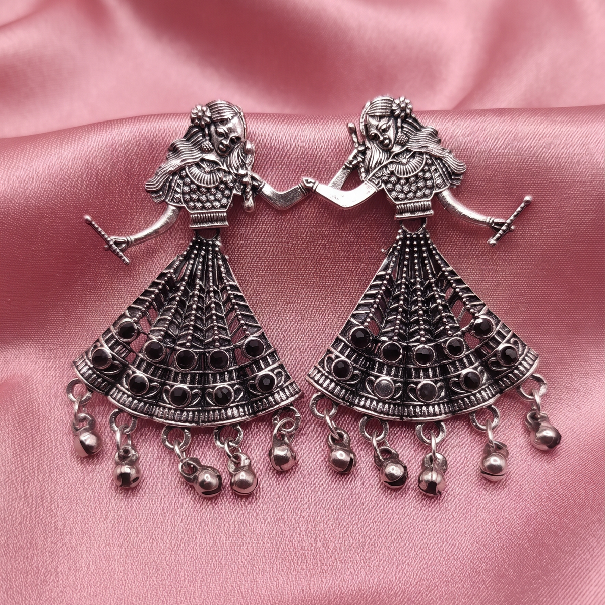 Traditional Oxidised Silver Dancing Girl Earrings with Ghungroo Drops