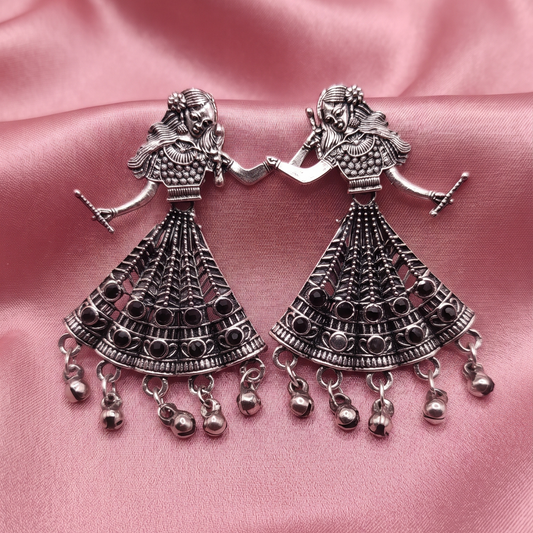 Traditional Oxidised Silver Dancing Girl Earrings with Ghungroo Drops