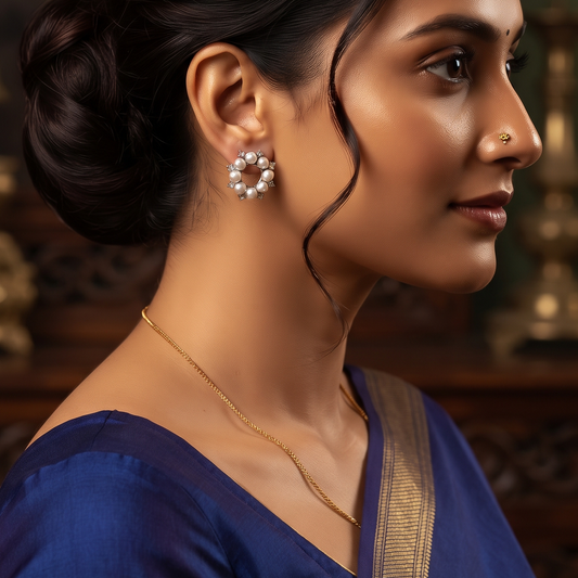 Silver-Tone Pearl & Crystal Circular Stud Earrings for Women