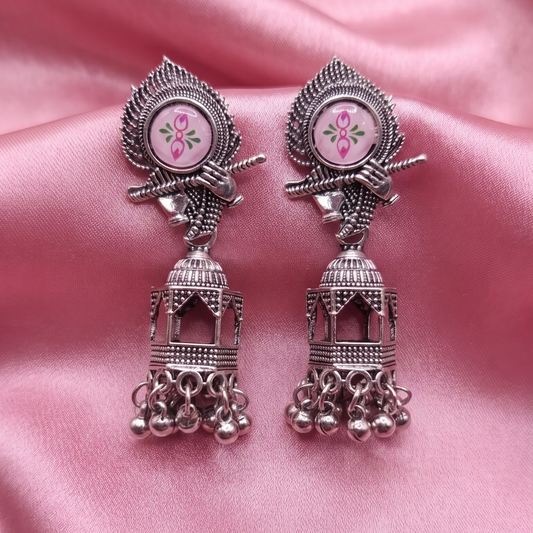Traditional Oxidised Silver Flute Design Jhumka Earrings with Floral Detailing for Women
