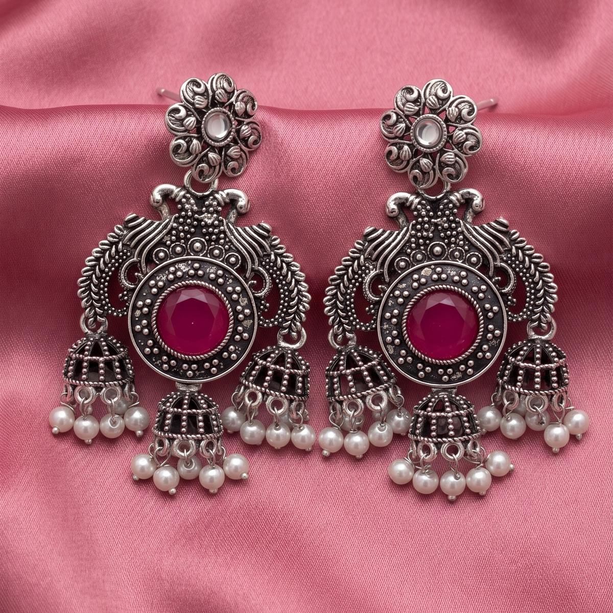 Oxidised Silver Peacock Chandbali Jhumka Earrings with Pearl Drops