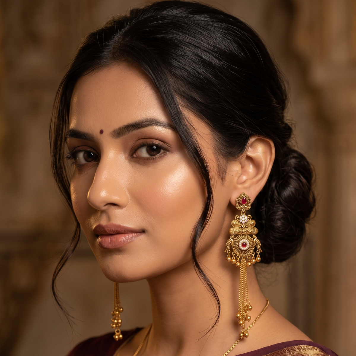 Antique Gold  Stone Tassel Earrings