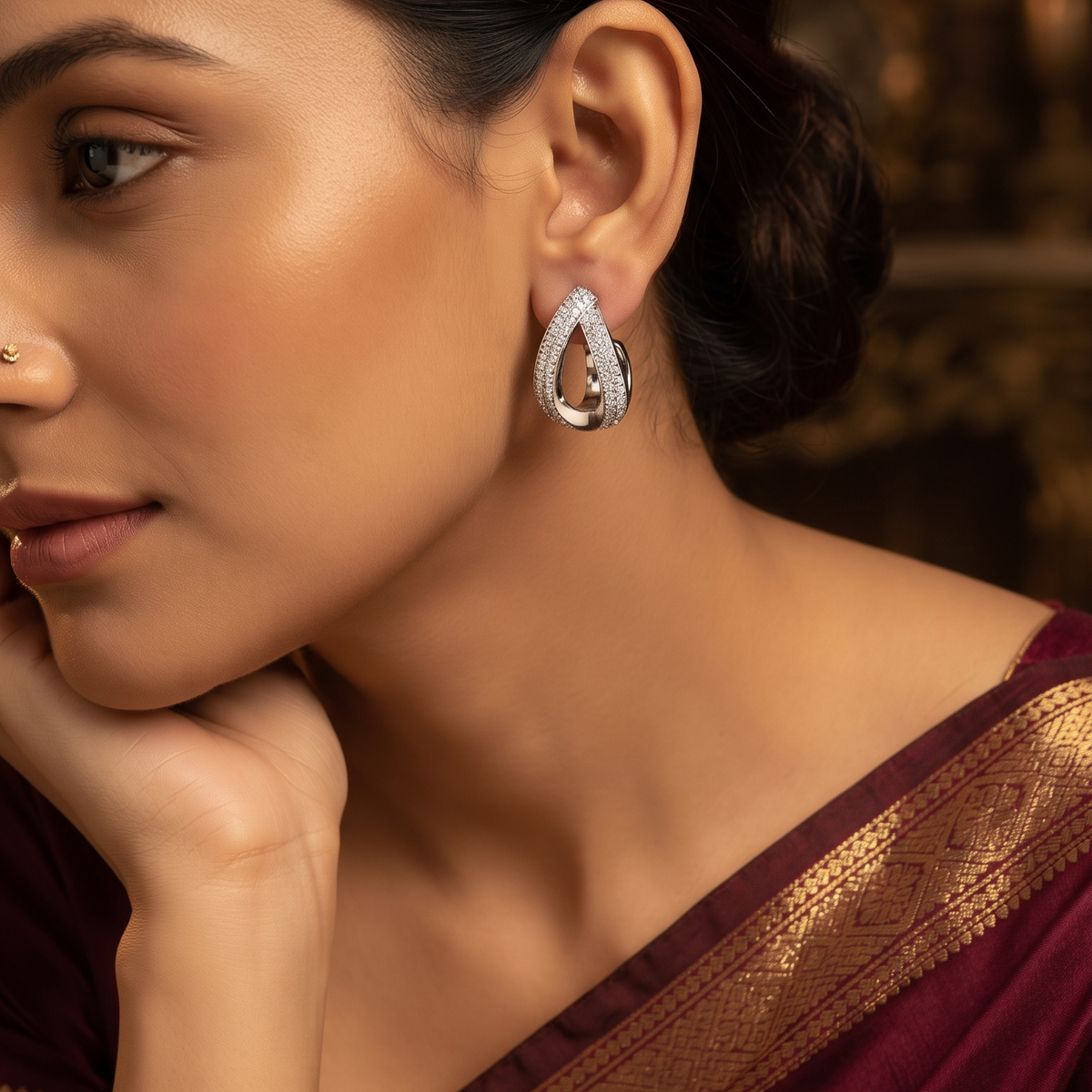 Elegant Silver-Tone Crystal Studded Open Hoop Earrings