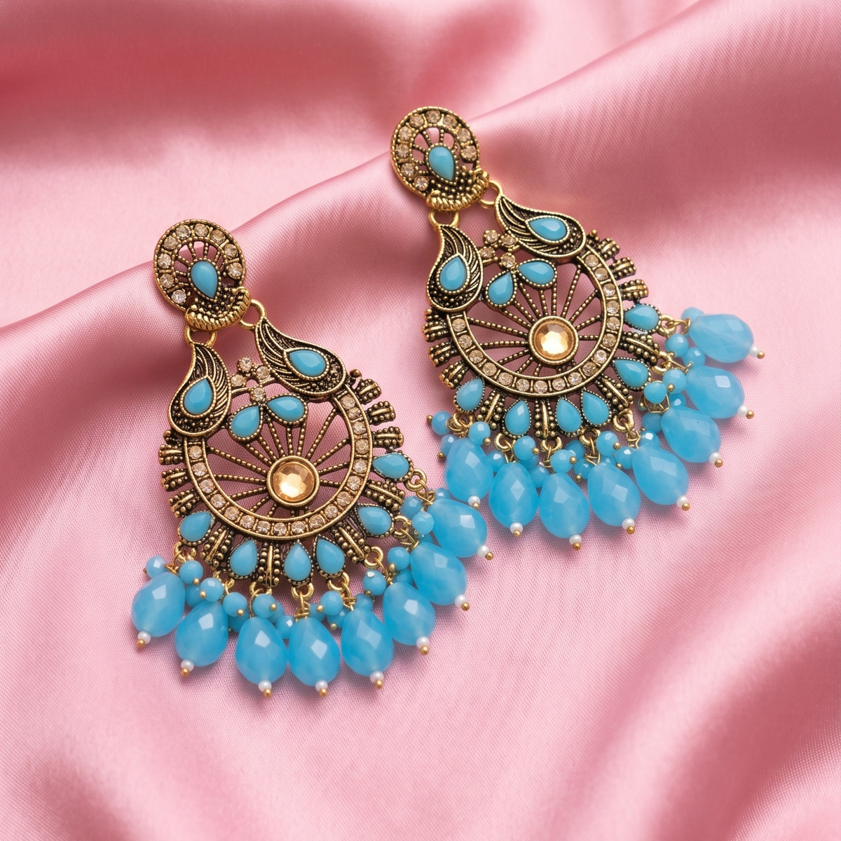 Antique Gold Multicolor Stone Chandbali Earrings with Beaded Drops