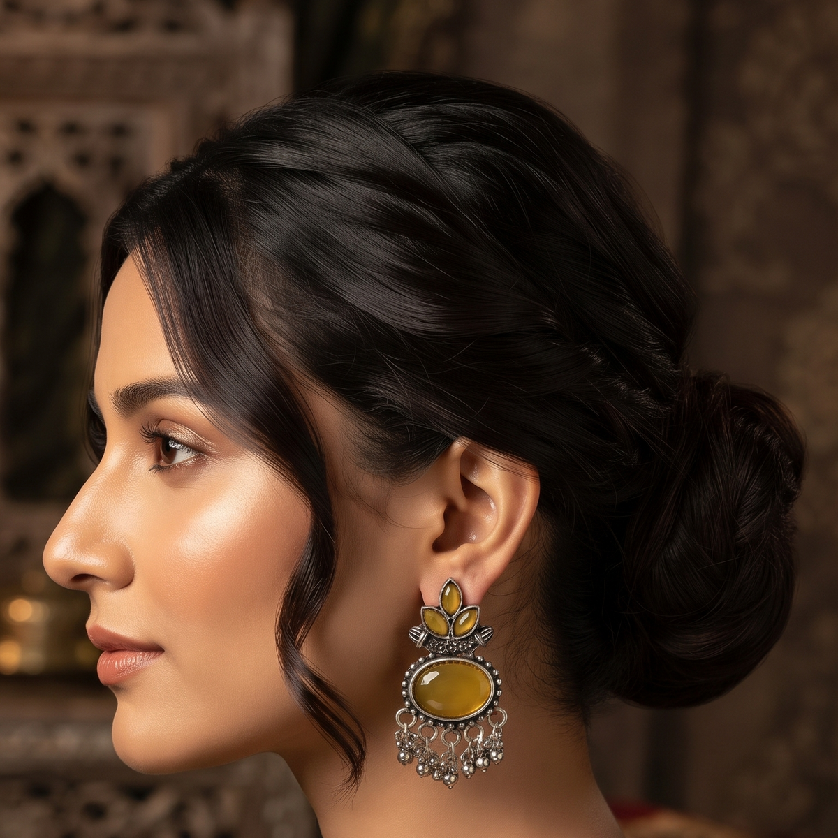 Oxidised Silver Lotus Stone Drop Earrings with Ghungroo Beads
