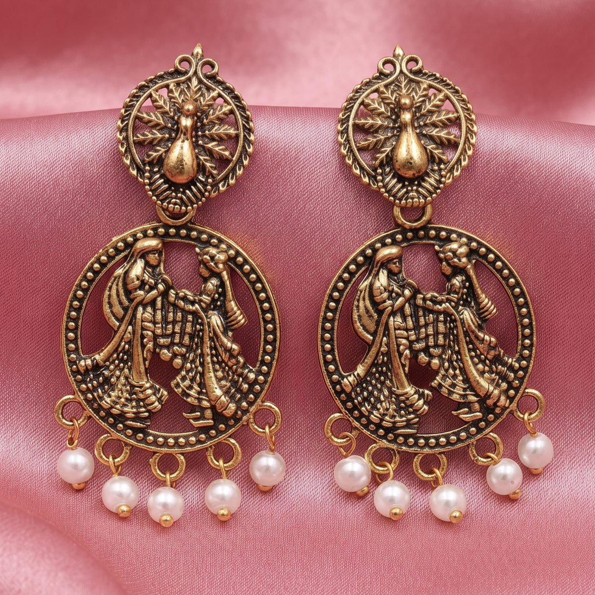 Oxidised Silver Radha Krishna Peacock Design Traditional Earrings