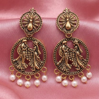 Oxidised Silver Radha Krishna Peacock Design Traditional Earrings