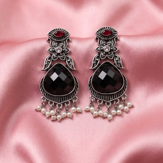 Oxidised Silver Floral Stone Drop Earrings with Pearl Beads