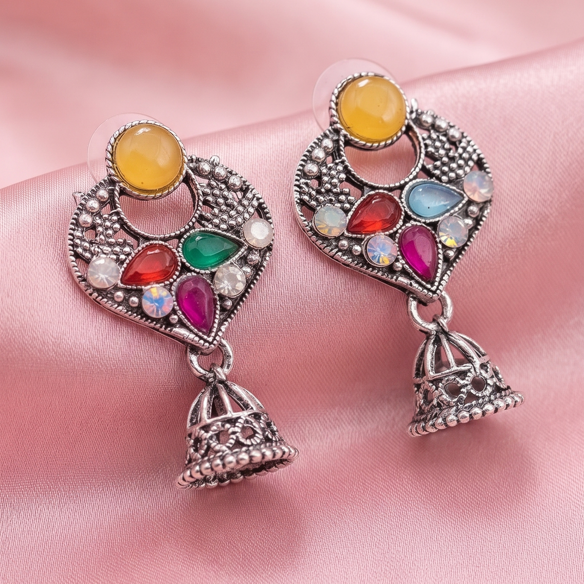 Multicolour Stone Studded Oxidised Silver Jhumka Earrings for Women