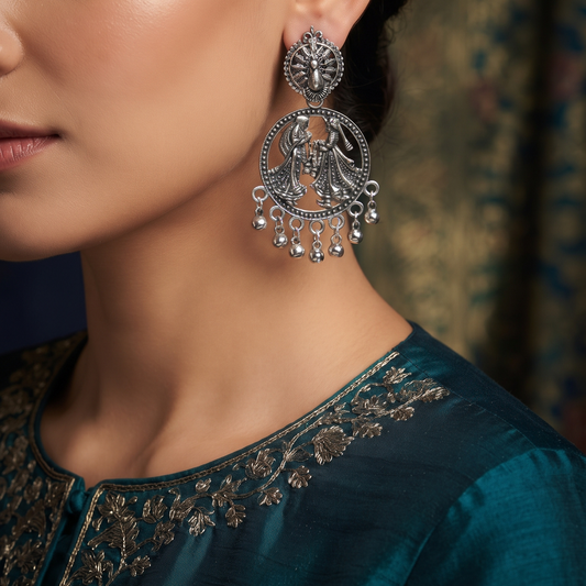 Oxidised Silver Radha Krishna Peacock Design Traditional Earrings