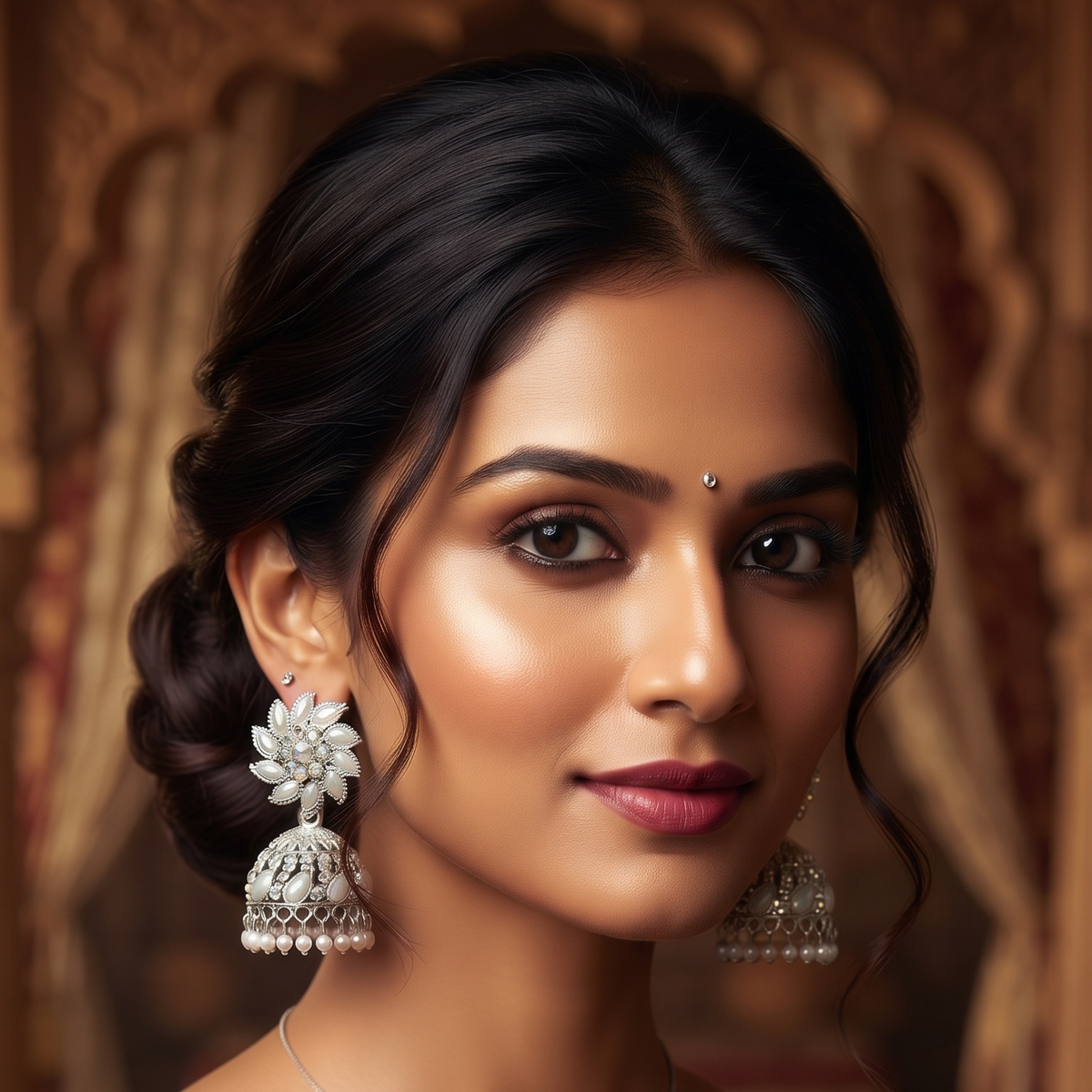 Silver Floral Crystal Jhumka Earrings