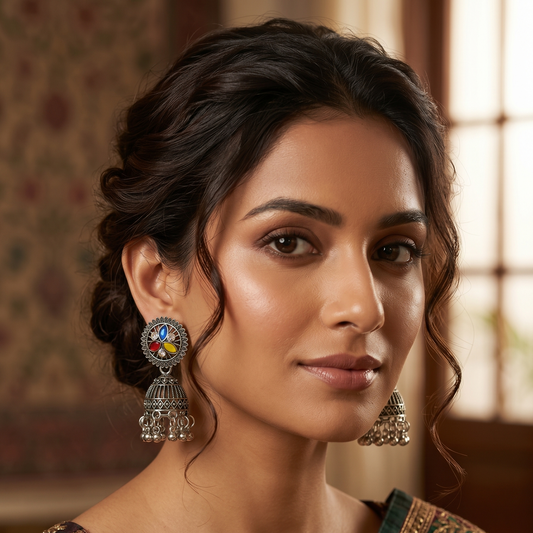 Multicolor Oxidised Silver Jhumka Earrings