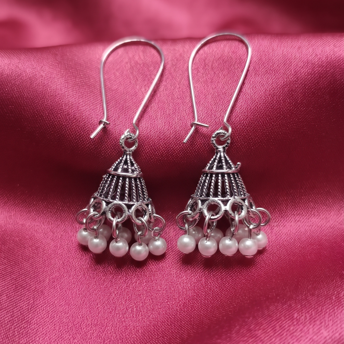 Antique Silver Oxidised Pearl Drop Jhumka Earrings for Women