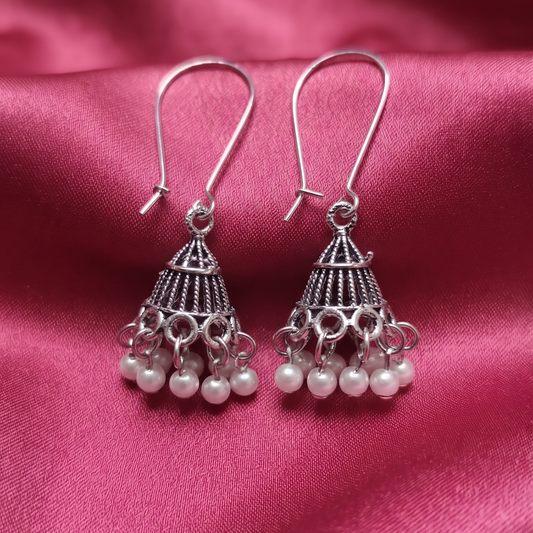 Antique Silver Oxidised Pearl Drop Jhumka Earrings for Women