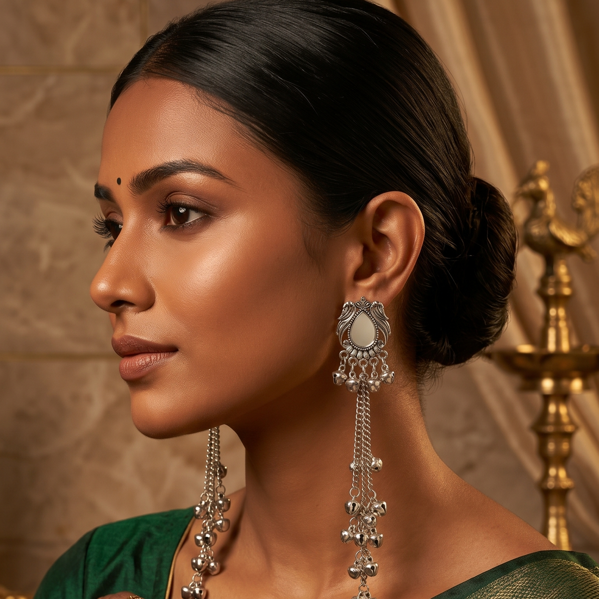 Oxidised Silver Stone Long Chain Ghungroo Earrings