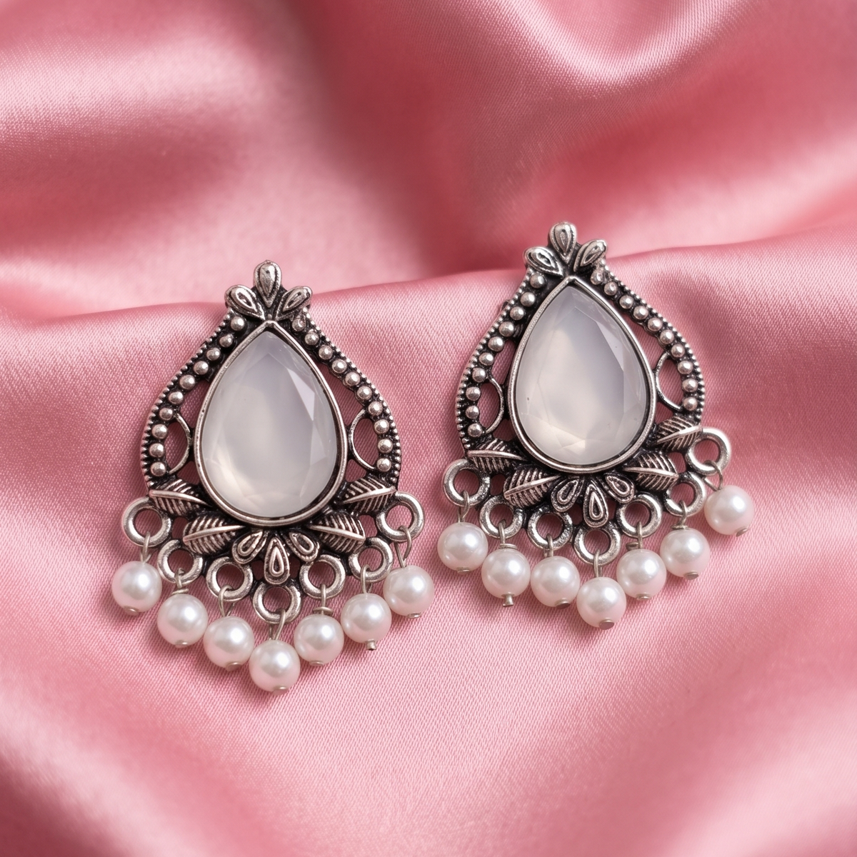 Oxidised Silver White Stone Pearl Drop Earrings