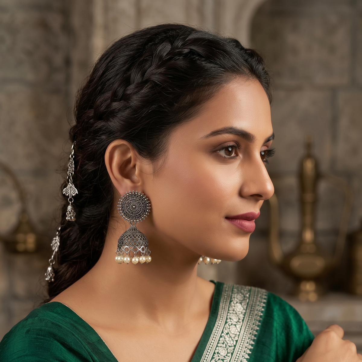 Oxidised Silver Sunburst Jhumka Earrings with White Pearl Drops