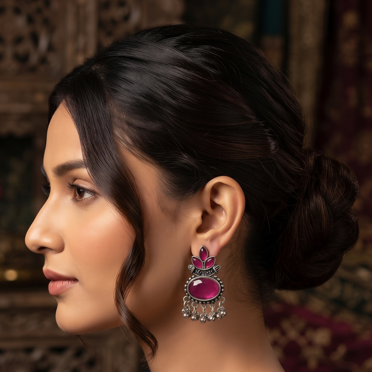 Oxidised Silver Lotus Stone Drop Earrings with Ghungroo Beads