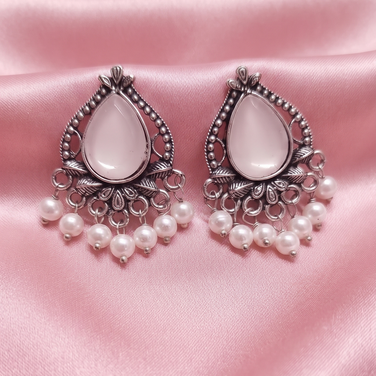 Traditional Oxidised Silver White Stone Teardrop Earrings with Pearl Beads for Women