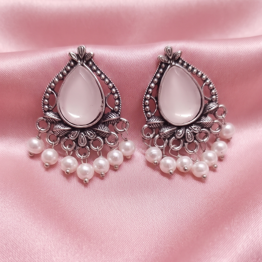 Traditional Oxidised Silver White Stone Teardrop Earrings with Pearl Beads for Women