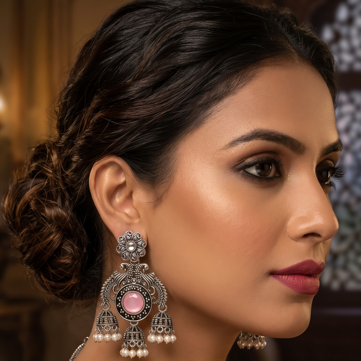 Oxidised Silver Peacock Chandbali Jhumka Earrings with Pearl Drops