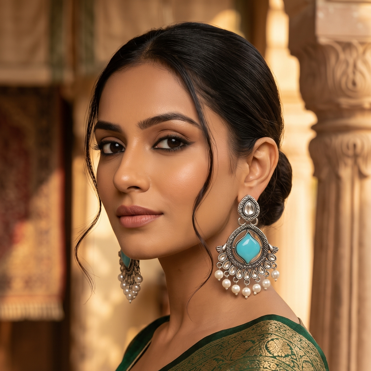 Oxidised Silver Stone & Pearl Drop Earrings – Multicolor
