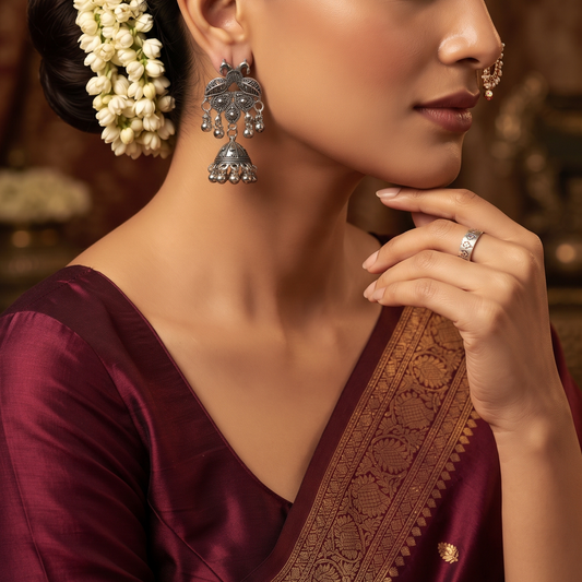 Traditional Oxidised Silver Peacock Design Jhumka Earrings for Women