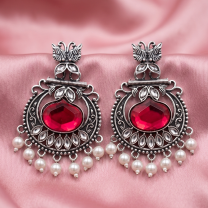 Oxidised Silver Peacock Kundan Pearl Drop Earrings