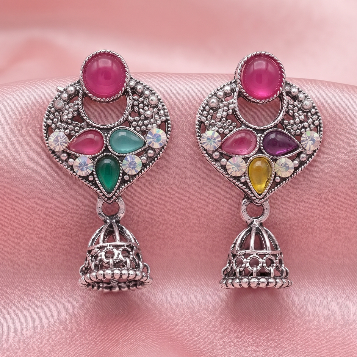 Multicolour Stone Studded Oxidised Silver Jhumka Earrings for Women
