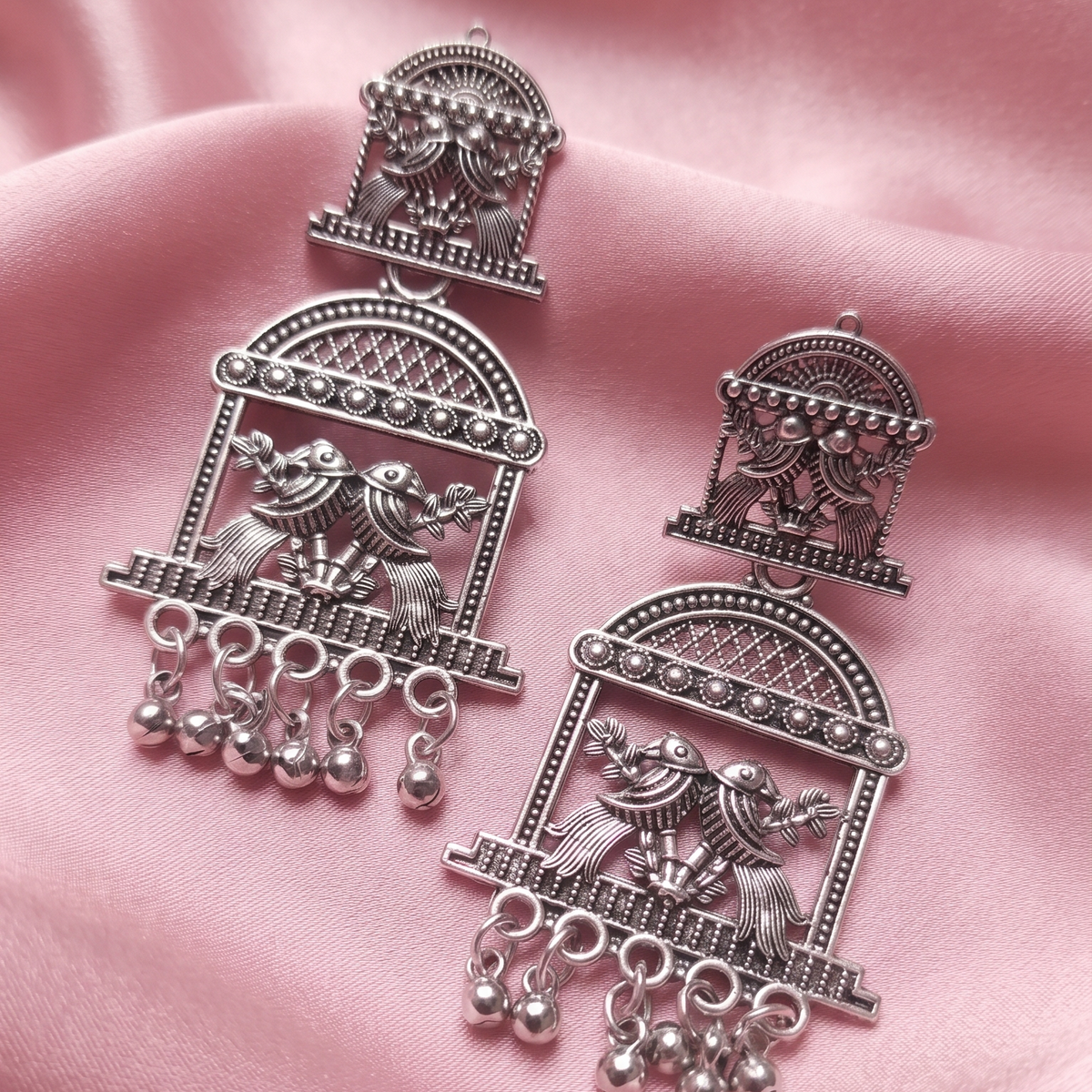 Traditional Oxidised Silver Bird Motif Chandbali Dangler Earrings for Women