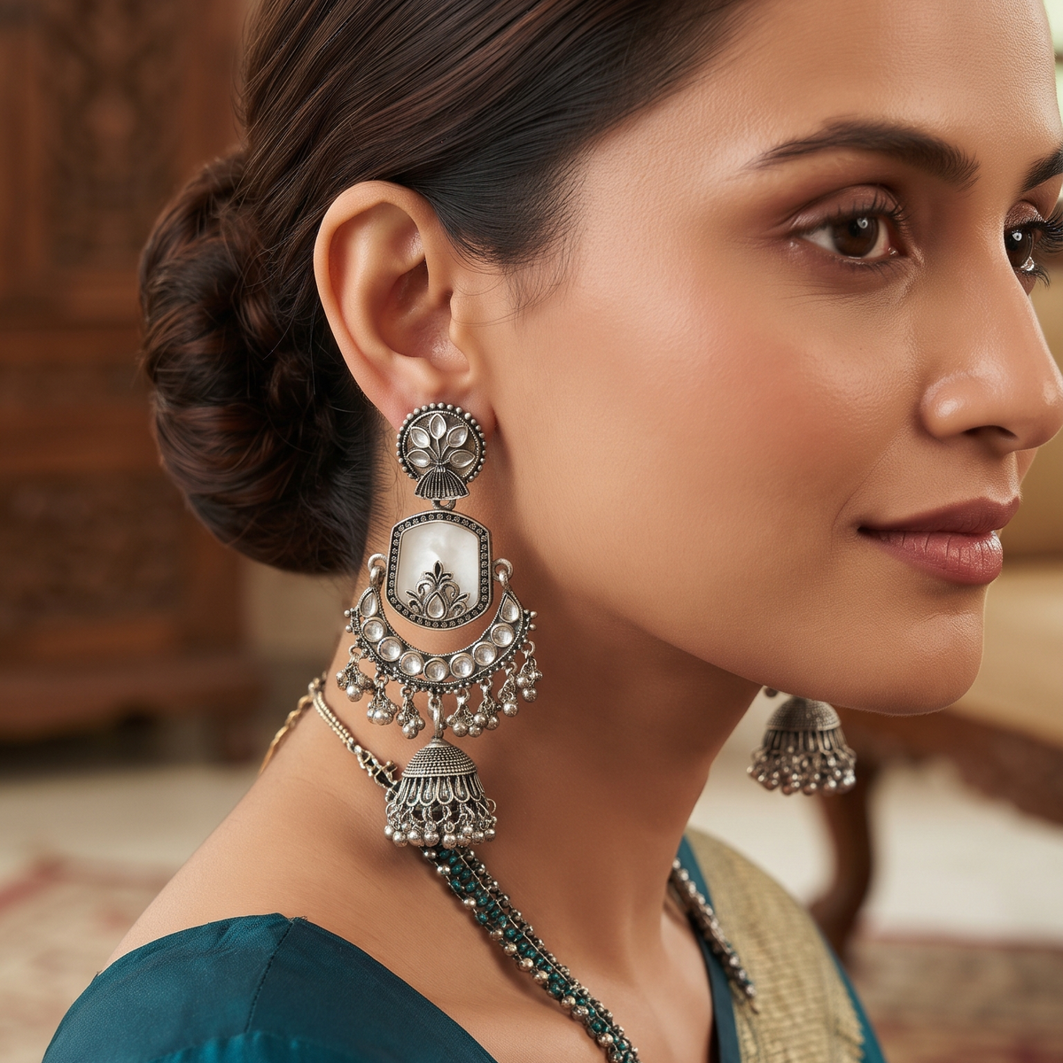Traditional Oxidised Silver Statement Jhumka Earrings with Mirror Work & Ghungroo Detailing