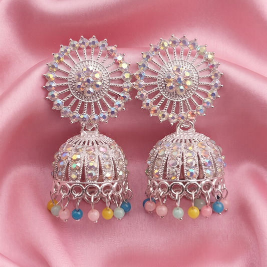 Silver Rainbow Crystal Jhumka Earrings with Multicolor Beads