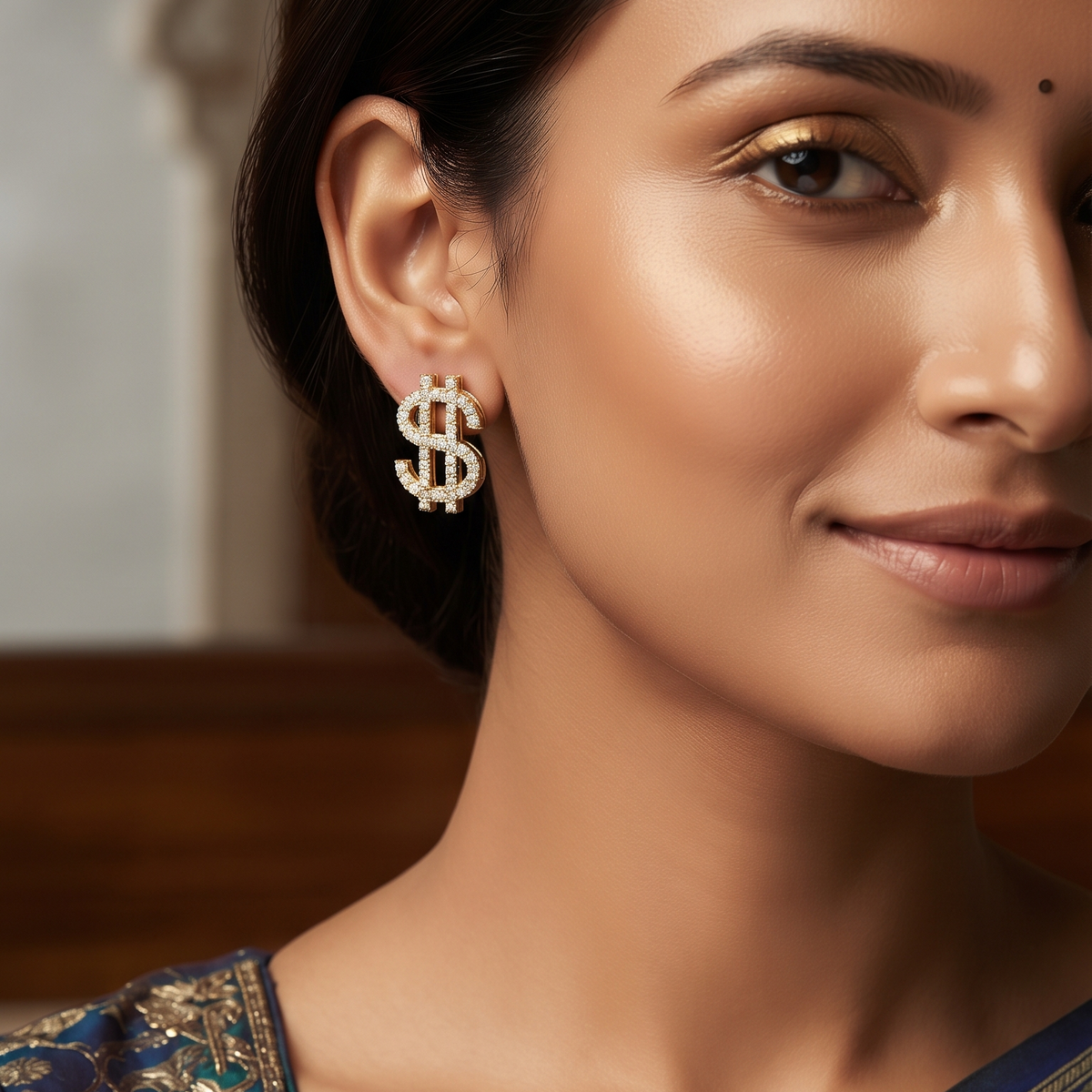 Gold Plated Crystal Studded Dollar Sign Earrings for Women