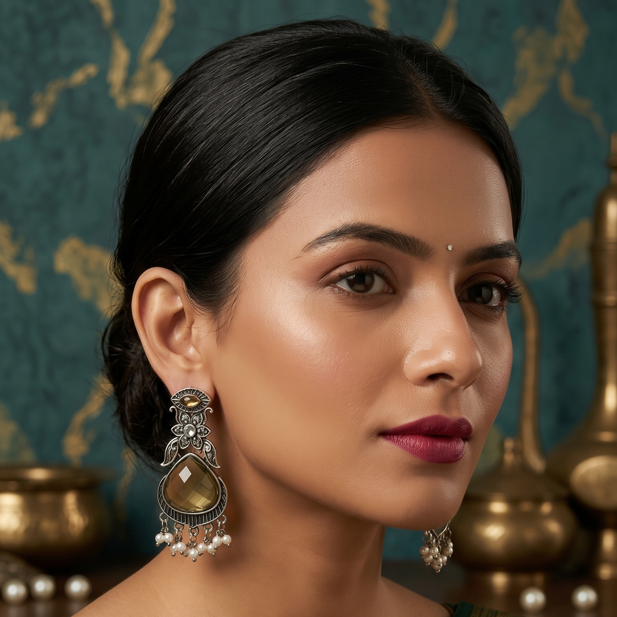 Oxidised Silver Floral Stone Drop Earrings with Pearl Beads