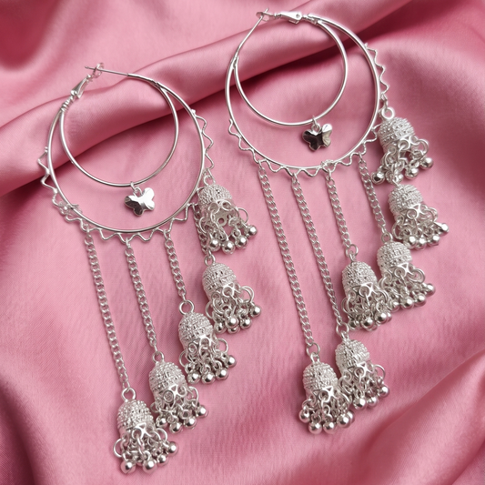 Silver Hoop Jhumka Chain Drop Earrings
