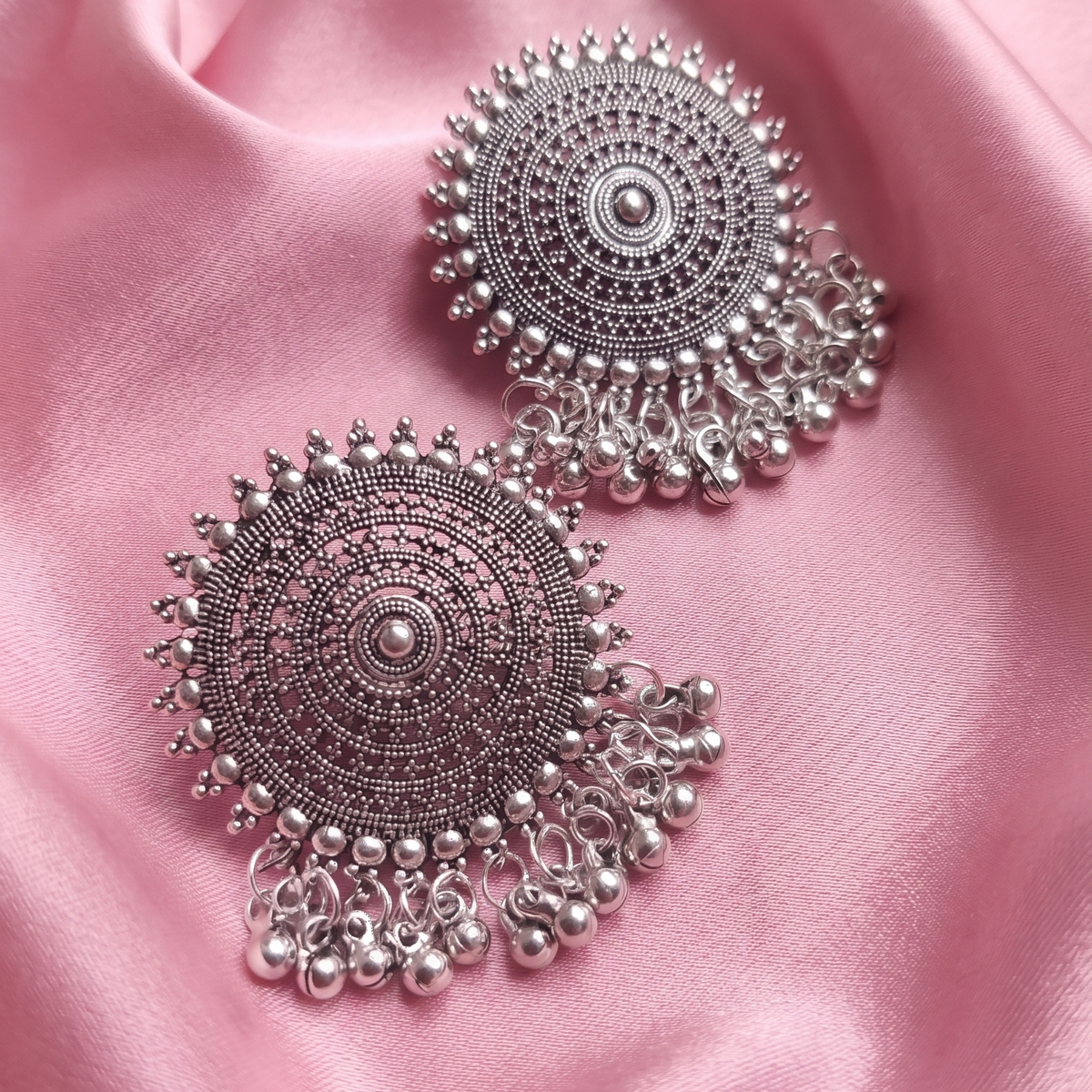 Traditional Oxidised Silver Round Chandbali Earrings with Ghungroo Detailing for Women