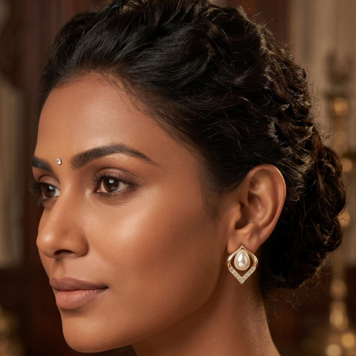 Gold Leaf Pearl Crystal Stud Earrings