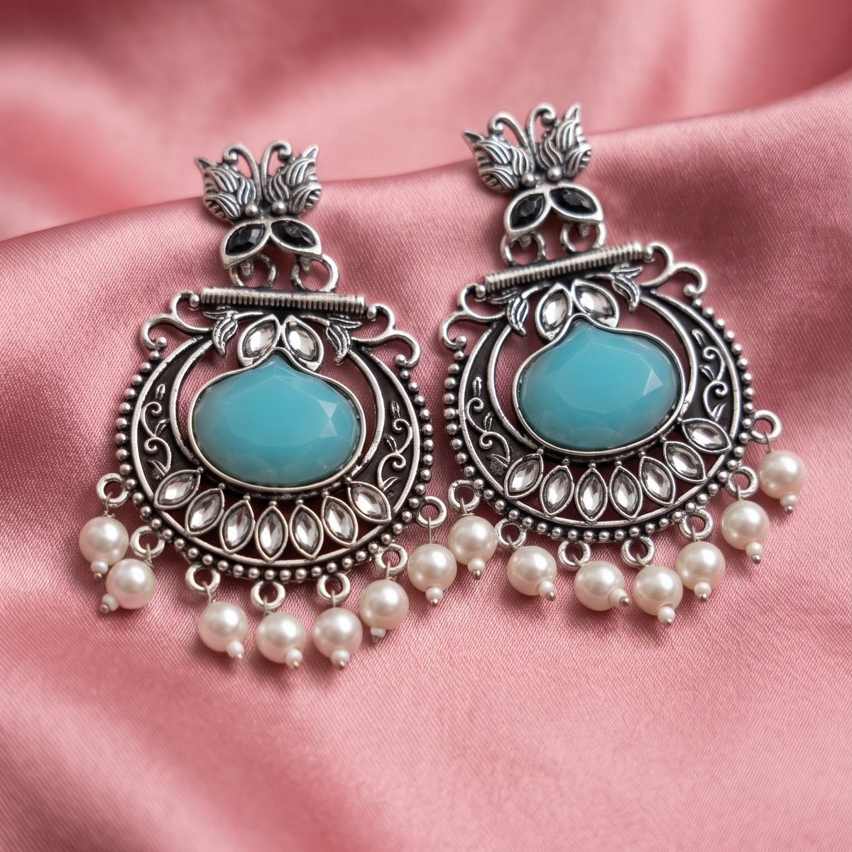 Oxidised Silver Peacock Kundan Pearl Drop Earrings